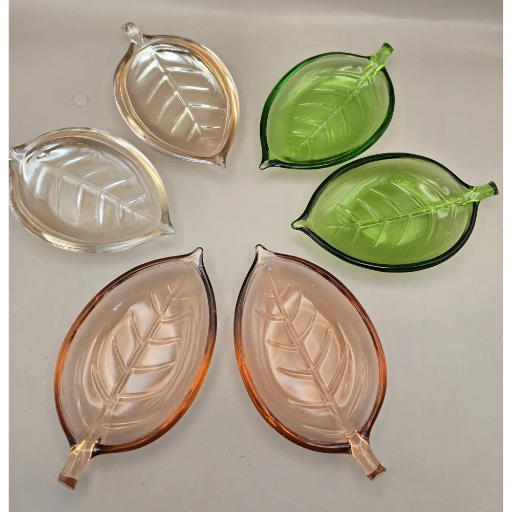 Vintage 60's Color Glass Leaf‎ Shaped Trays 6pcs. 3 Colors B#24